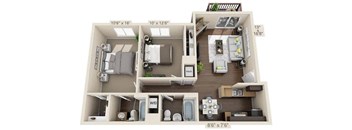 A floor plan of a two-bedroom apartment with a living room, kitchen, and bathroom.