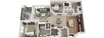 A 3D floor plan of a two-bedroom apartment with dimensions and room numbers.