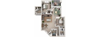 A 3D floor plan of a house with labeled dimensions.