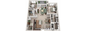 A 3D floor plan of a small apartment with a living room, kitchen, and bedrooms.