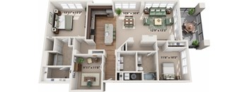 A 3D floor plan of a house with labeled rooms and dimensions.