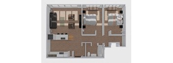 A 3D floor plan of a house with a kitchen, living room, and two bedrooms.