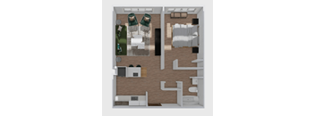 A top down view of a room with a couch, a table, a TV, a window, and a door.