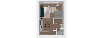 A floor plan of a small apartment with a kitchen, living room, and bathroom.