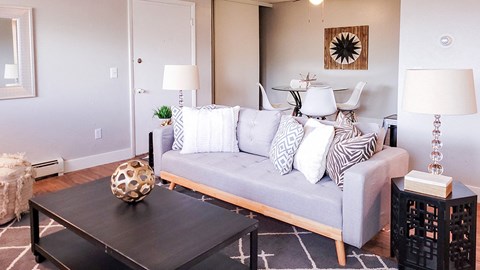 A living room with a grey couch, a black coffee table, and a white lamp.