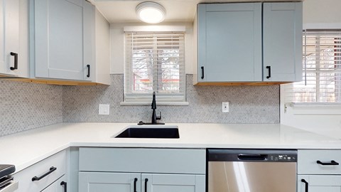A kitchen with a stainless steel dishwasher and a black faucet.
