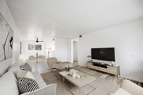 A living room with a white couch and a television.
