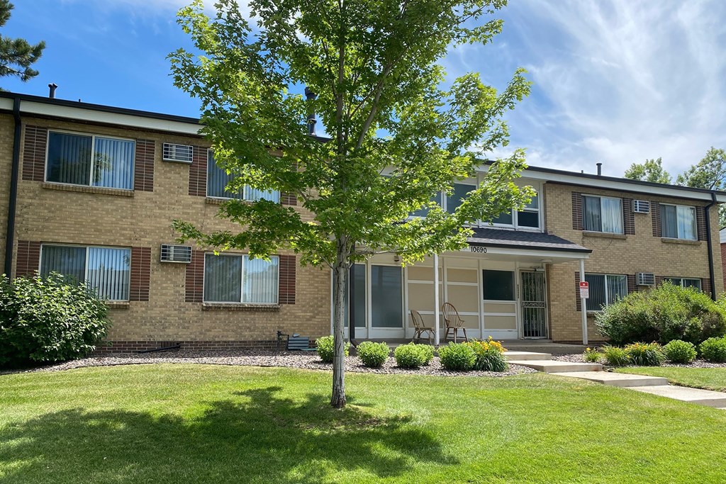 A tree stands in the front yard of a brick apartment building.