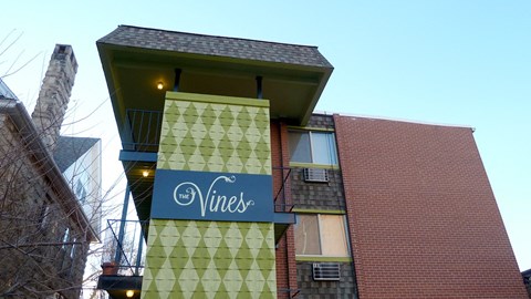 A building with a sign that says "The Vines".