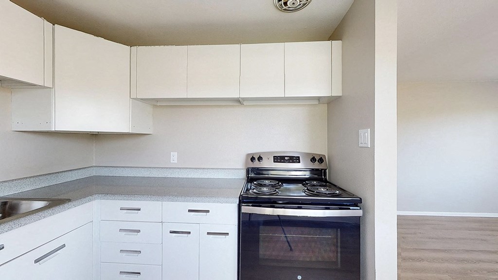 A kitchen with a stove and cabinets.