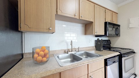 A kitchen with a black refrigerator, a black microwave, a black oven, and a black dishwasher.