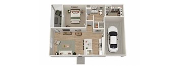 A top-down view of a house layout with a kitchen, living room, bedrooms, and a garage.