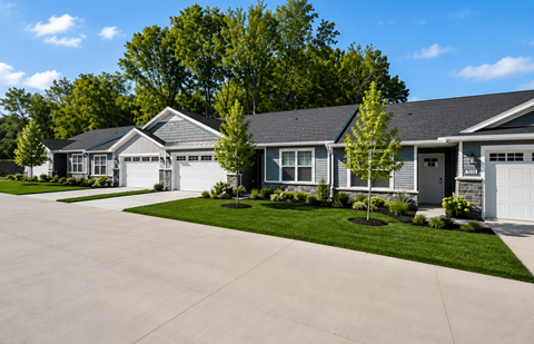A row of houses with a driveway in front.
