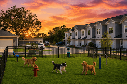 Four dogs playing in a grassy area in front of a row of houses.
