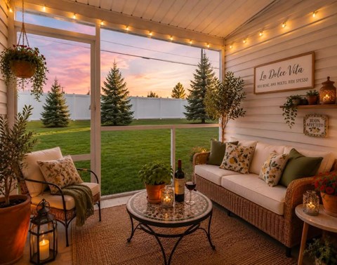 A cozy outdoor patio with a couch, table, and a view of the lawn and trees at The Villas at Quarry Ridge Apartments, Amherst, 44001