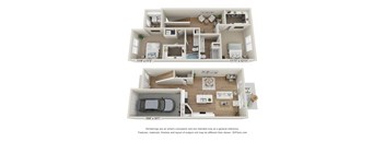 A 3D floor plan of a two-bedroom apartment with dimensions and a disclaimer.