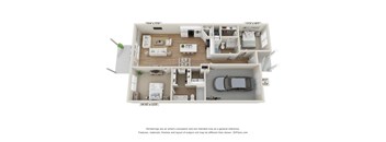 A 3D floor plan of a house with a living room, two bedrooms, a kitchen, and a garage.