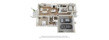 A 3D floor plan of a house with a garage and a car.