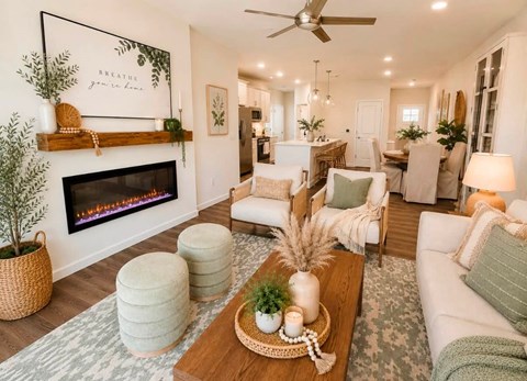 A living room with a fireplace and a sign that says "Breathe your way".