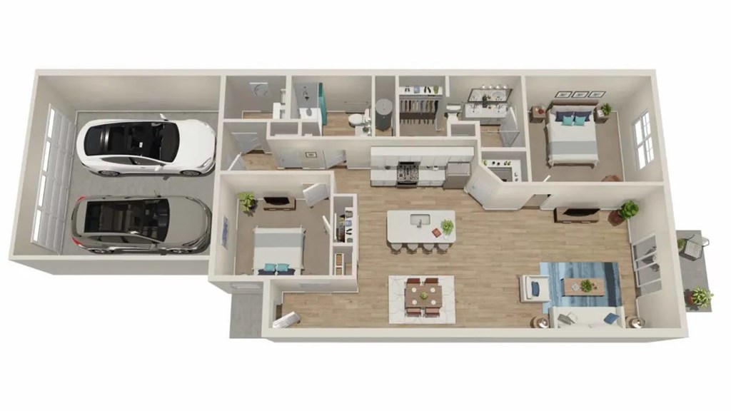 A 3D layout of a house with a kitchen, living room, and bedrooms.