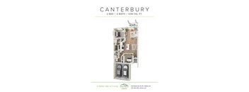 A floor plan for a 2 bedroom, 2 bathroom apartment at 1293 S.Q. Ft.