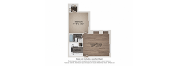 A floor plan of a small apartment with a bedroom, living/dining area, and kitchen.