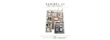 A floor plan for a 3 bedroom, 2 bathroom apartment that is 1440 square feet.