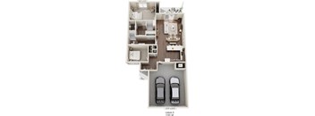 A floor plan of an apartment with two bedrooms, two bathrooms, a living room, a kitchen, and a garage for two cars.