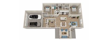 A top-down view of a house layout with a garage, living room, kitchen, and bedrooms.