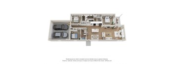 A 3D floor plan of a house with a kitchen, living room, and two bedrooms.