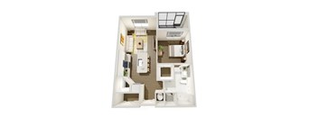 A top down view of a small apartment with a kitchen, living room, and bathroom.