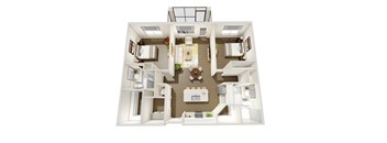 A top-down view of a house layout with a central living area and surrounding rooms.