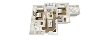 A white floor plan of a house with a kitchen, living room, and bathroom.