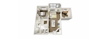 A 3D floor plan of a house with a kitchen, living room, and two bedrooms.