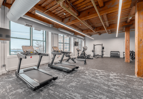 Gym with treadmills at Shorehaus Lofts Apartments, Ohio