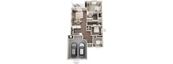 A floor plan of a one bedroom apartment with two parking spaces.