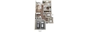 A floor plan of a two bedroom apartment with a garage for two cars.