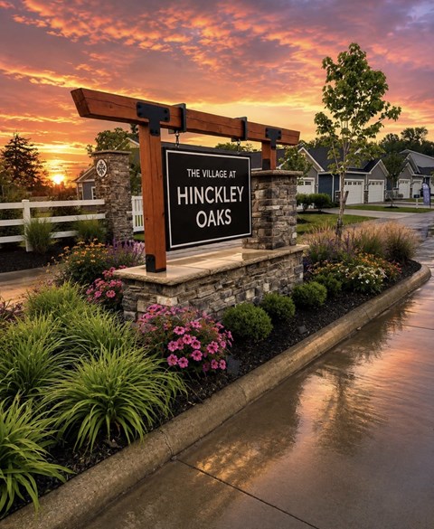 A sign that says "The Village at Hinckley Oaks" is in front of a house.