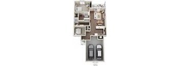 A floor plan of a one bedroom apartment with a kitchen, living room, and two parking spaces.