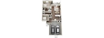 A floor plan of an apartment with two bedrooms and two bathrooms.