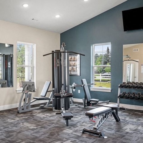 A gym with a variety of equipment including weights and weight machines.