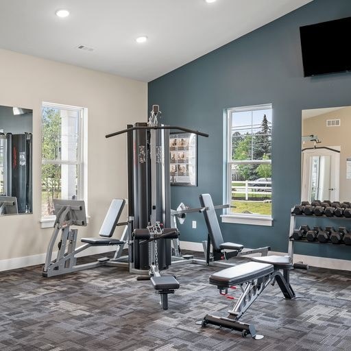 A gym with a variety of equipment including weights and weight machines.