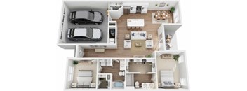 A top-down view of a two-story apartment with a living room, kitchen, and bedrooms.