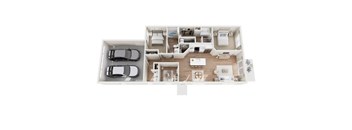 A top-down view of a well-organized, modern kitchen and living room area.