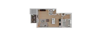 A top-down view of a house layout with a living room, kitchen, and two bedrooms.