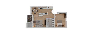 A 3D rendered image of a house layout with a living room, kitchen, and two bedrooms.