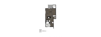 A floor plan of a one bathroom apartment with a kitchen and living room.