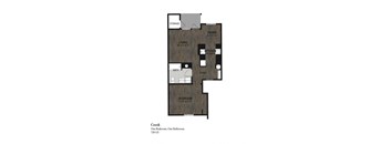 A floor plan of a one bedroom apartment with one bathroom.