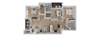 A 3D floor plan of a small apartment with a kitchen, living room, and bedroom.