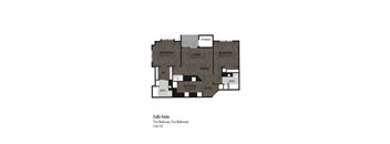 A floor plan of a two bedroom, two bathroom suite.